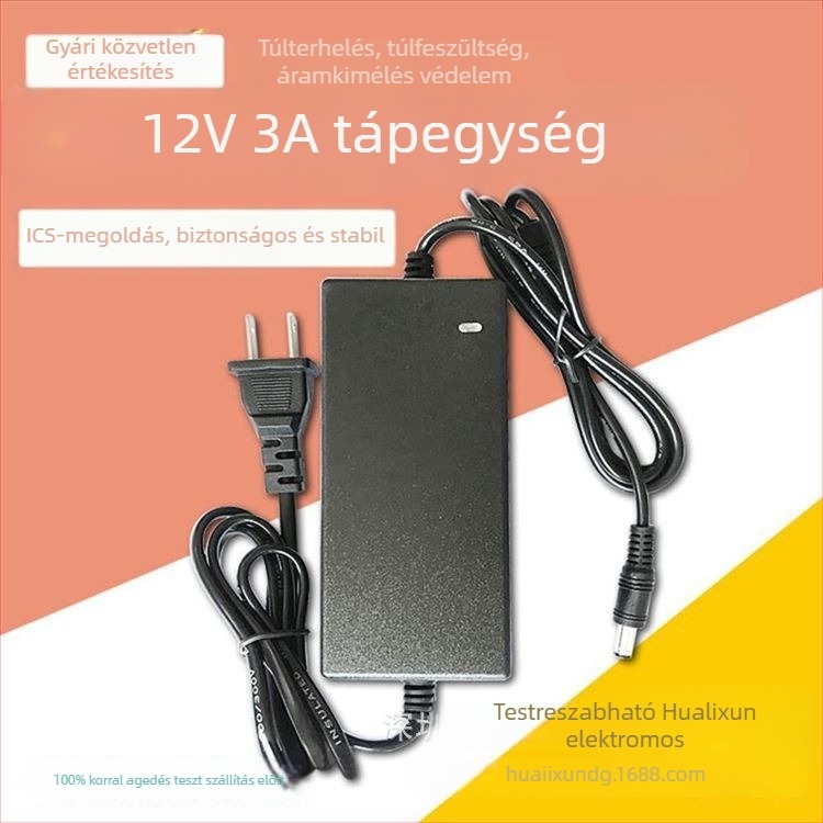 AC-DC kapcsolóüzemű tápegység, bemenet 100-240V, kimenet 12V 3A (36W), hatékonyság 82-92%.
