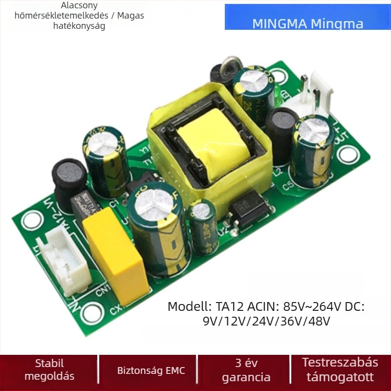 AC/DC kapcsolóüzemű tápegység modul (12V, 12W; bemenet 90-264V; védelem: rövidzárlat, túlterhelés, hőmérséklet; hatékonyság 78%)