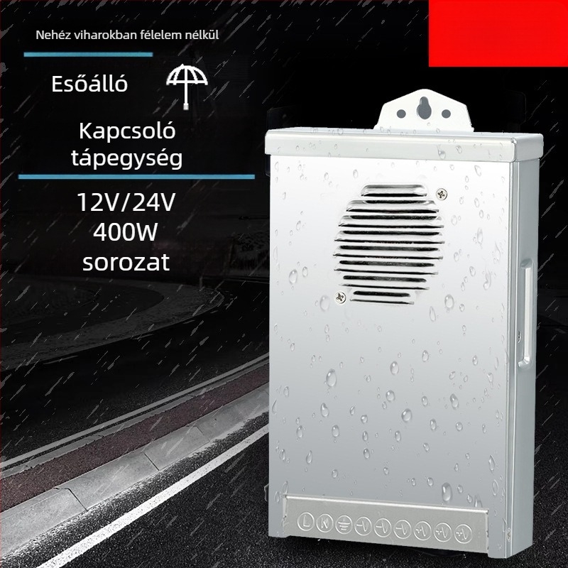 LED esőálló kapcsoló tápegység kültéri reklámtáblákhoz – 12V 400W, IP53, 0.8kg