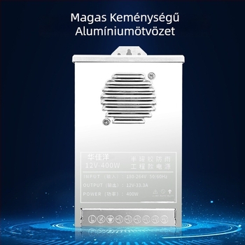 Kültéri IP53 védettségű kapcsolóüzemű tápellátás, 24V LED reklámjelzőhöz transzformátor, méretek 177×105×45 mm, tömeg 0,5 kg