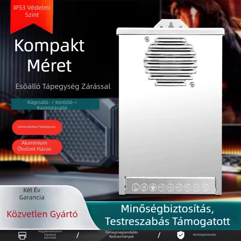 Kültéri IP53 védettségű kapcsolóüzemű tápellátás, 24V LED reklámjelzőhöz transzformátor, méretek 177×105×45 mm, tömeg 0,5 kg