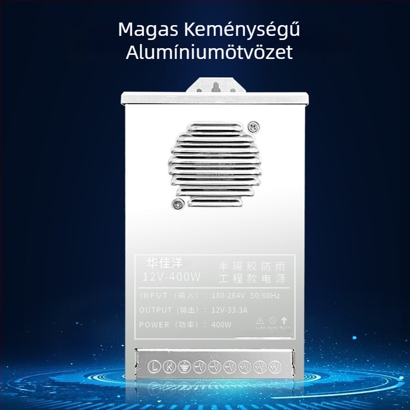 Kültéri IP53 védettségű kapcsolóüzemű tápellátás, 24V LED reklámjelzőhöz transzformátor, méretek 177×105×45 mm, tömeg 0,5 kg