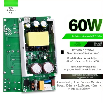 Kapcsolt áramú tápegység alaplapi kivitel – szerelési furatokkal, bemenet AC220V, kimenet DC12V, teljesítmény 60–72W