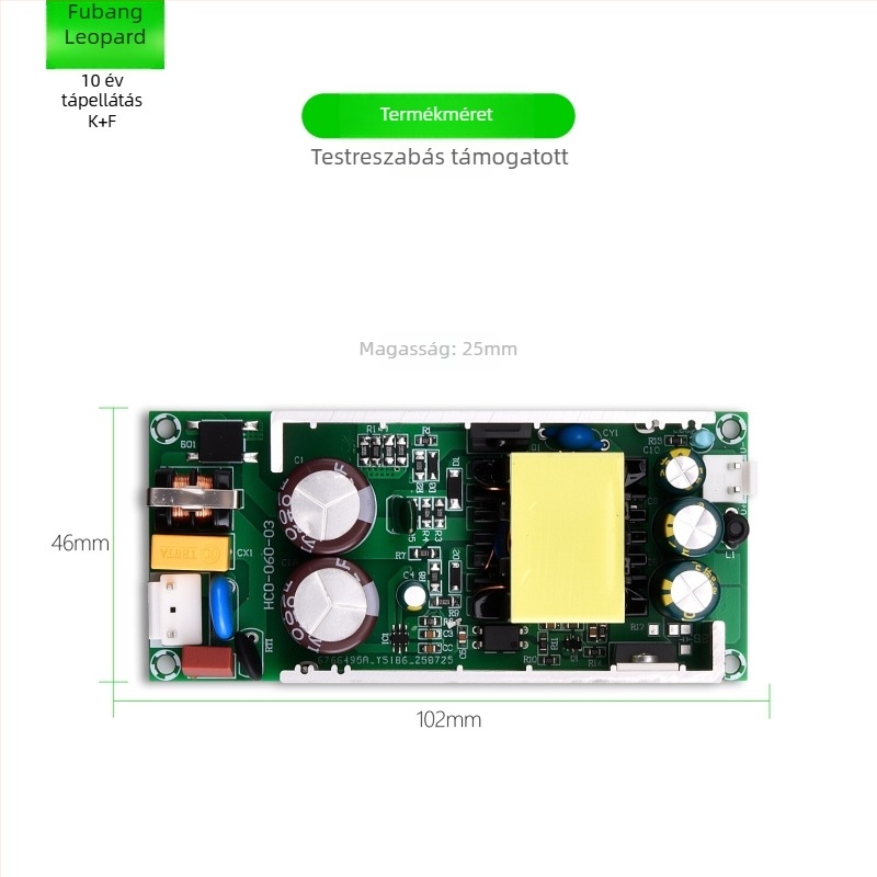 Kapcsolt áramú tápegység alaplapi kivitel – szerelési furatokkal, bemenet AC220V, kimenet DC12V, teljesítmény 60–72W