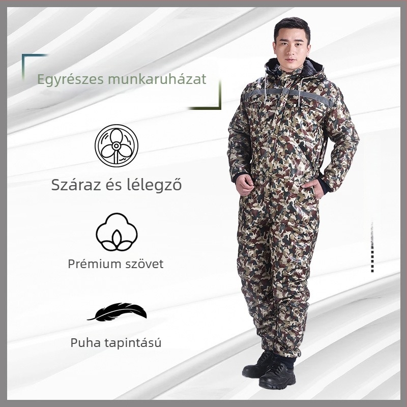 Férfi kamufláls overall, laza szabású, pamut-polyészter keverék anyagból, bélés poliészterrel; szennyeződés elleni védelem és dekontamináció; alkalmas hegesztésre, festésre, gépjavításra és állattenyésztésre.