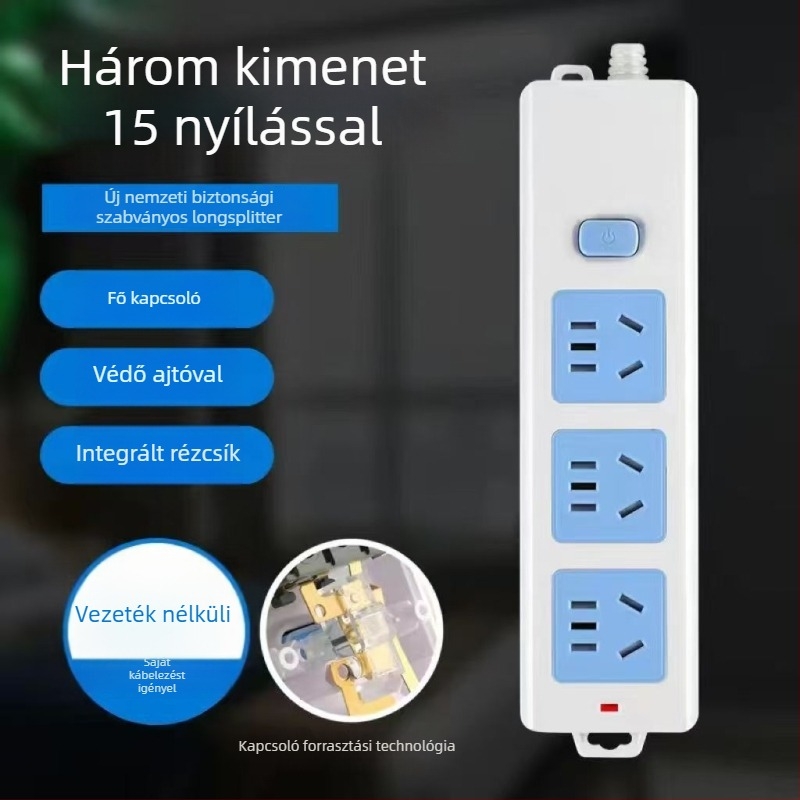 Többszörös csatlakozós hosszabbító otthoni használatra, 10A/2500W, PP+PC ház, CCC minősített, 220-250V