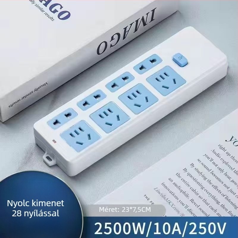 Többszörös csatlakozós hosszabbító otthoni használatra, 10A/2500W, PP+PC ház, CCC minősített, 220-250V