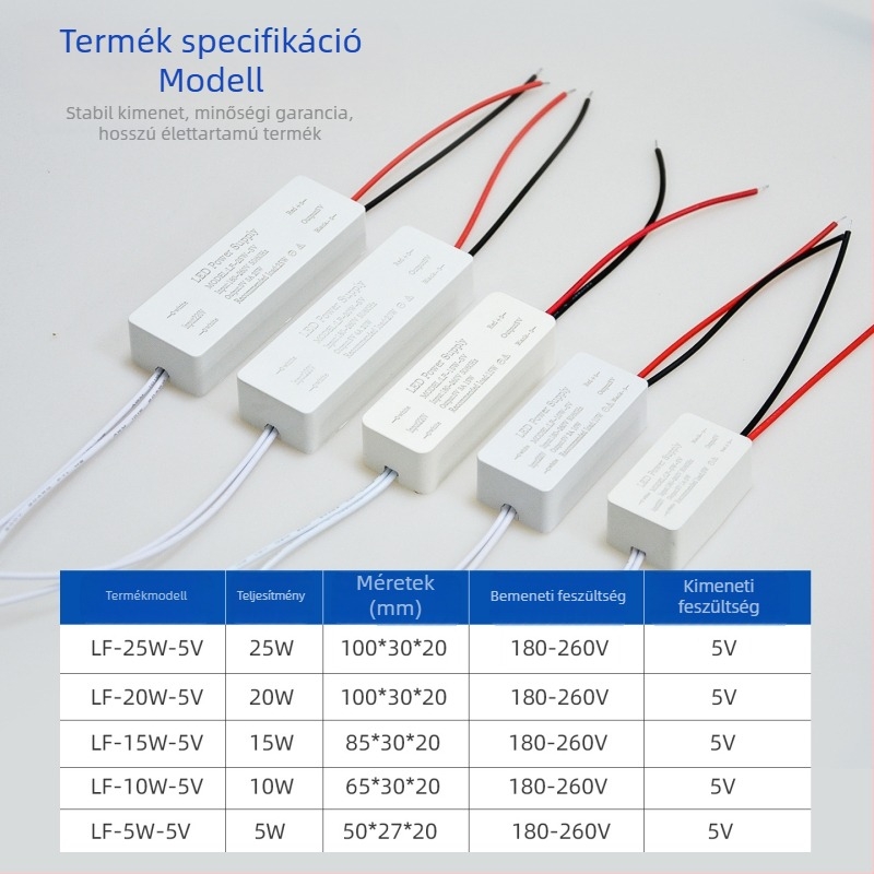5V LED-szalag tápegység, kapcsoló AC/DC meghajtó, bemenet 180–260V, kimenet 5A, 25W