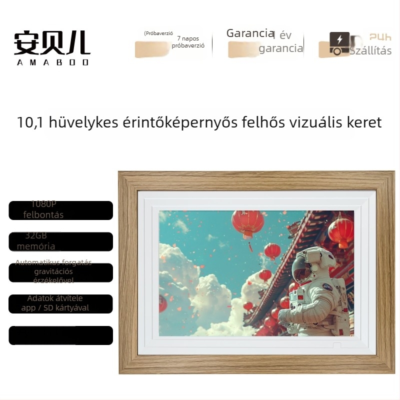 Intelligens digitális fotókeret felhőalbummal, 32GB tárhely, 1024×600 felbontás, USB-meghajtó támogatás, zene- és videólejátszás