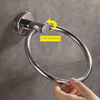 Rozsdamentes acél törölközőgyűrű, körkörös, fúrás nélküli fürdőszobai tartó fényes felülettel; teherbírás 30 kg; modern, minimalist design egyetlen gyűrűvel