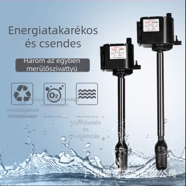 Jia Bao három az egyben merülő szivattyú akváriumhoz — műanyag ház, pumpálás és szűrés, származás Zhongshan, Guangdong