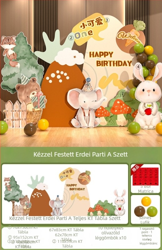 Erdei témájú babaszületésnapi jelenetdekoráció, első születésnap, teliholdos ceremónia és 100 napos ünnep, kézzel festett állatok KT táblán