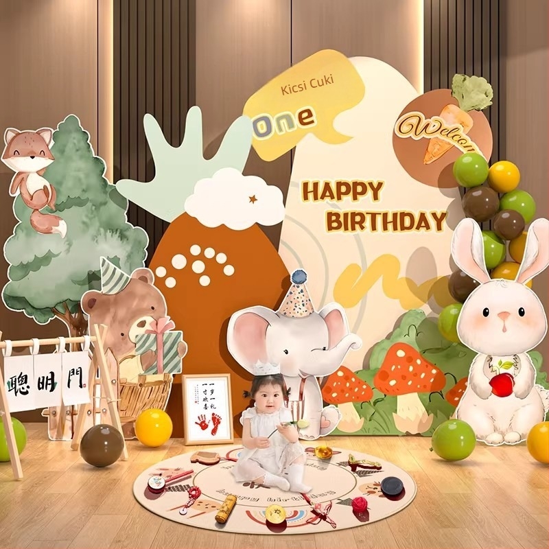 Erdei témájú babaszületésnapi jelenetdekoráció, első születésnap, teliholdos ceremónia és 100 napos ünnep, kézzel festett állatok KT táblán