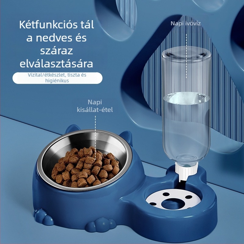 Macska automata vízadagoló és integrált rozsdamentes acél etetőtál (rozsdamentes acél; hazai termék; macskák számára)