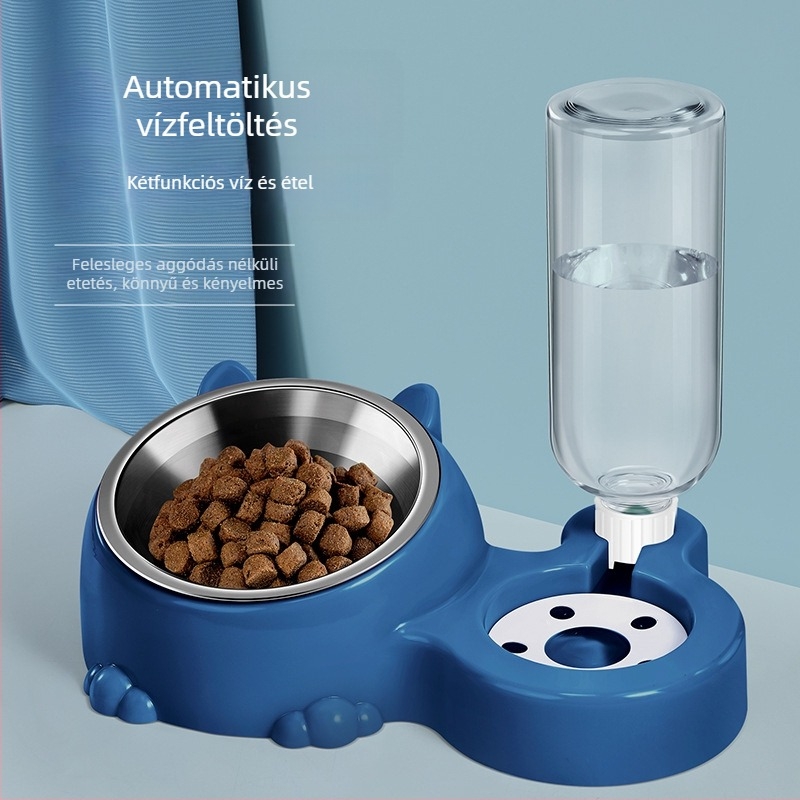 Macska automata vízadagoló és integrált rozsdamentes acél etetőtál (rozsdamentes acél; hazai termék; macskák számára)