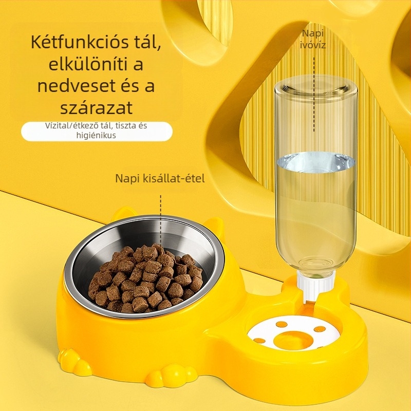 Macska automata vízadagoló és integrált rozsdamentes acél etetőtál (rozsdamentes acél; hazai termék; macskák számára)