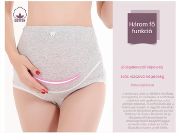 Terhes nőknek tervezett magas derekú fehérnemű, állítható hasrésszel, fő anyag 95% pamut, ágyékrész 100% pamut