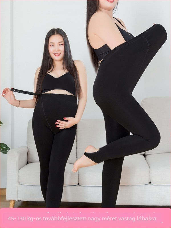 Plusz méretű kismama leggings, őszi–téli fleece béléssel, pocak-támogatás, egyrészes, varrás nélküli, kiváló rugalmasság, akár 150 kg-ig