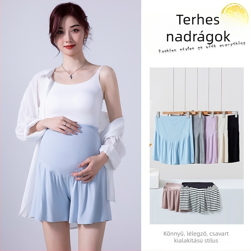 Női terhes nadrág 3/4 hosszú, magas derékkal és has-támasz, könnyű pamut-nylon keverék, magas rugalmasság