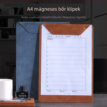 Bőr író tábla egyszeres csipeszes mechanizmussal, A4/A5 kompatibilis, 4 mm vastag lemez, logóval, testreszabható