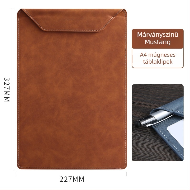 Bőr író tábla egyszeres csipeszes mechanizmussal, A4/A5 kompatibilis, 4 mm vastag lemez, logóval, testreszabható
