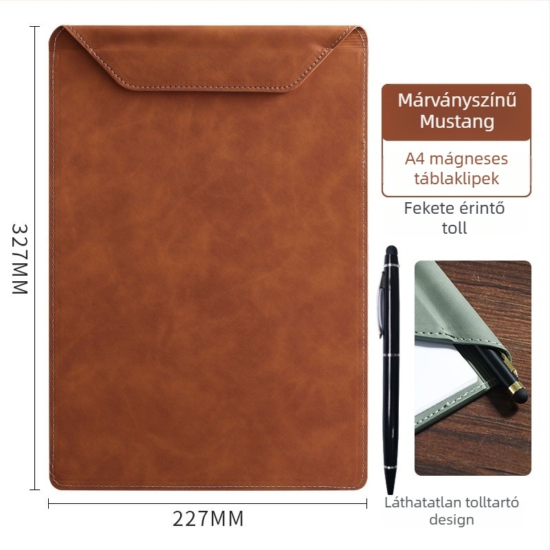 Bőr író tábla egyszeres csipeszes mechanizmussal, A4/A5 kompatibilis, 4 mm vastag lemez, logóval, testreszabható