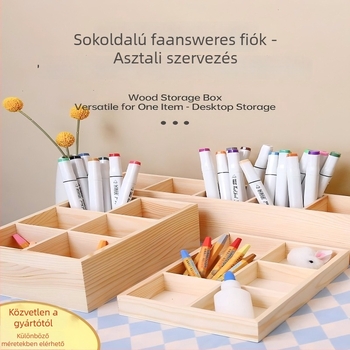 Asztali fa tároló doboz több rekesszel, fenyőfából, kilenccellás rácsos elrendezés, 18 L kapacitás, modern minimalista stílus