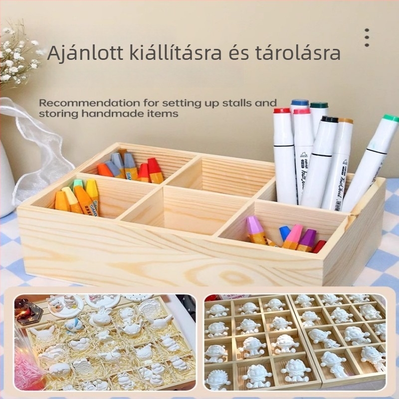 Asztali fa tároló doboz több rekesszel, fenyőfából, kilenccellás rácsos elrendezés, 18 L kapacitás, modern minimalista stílus