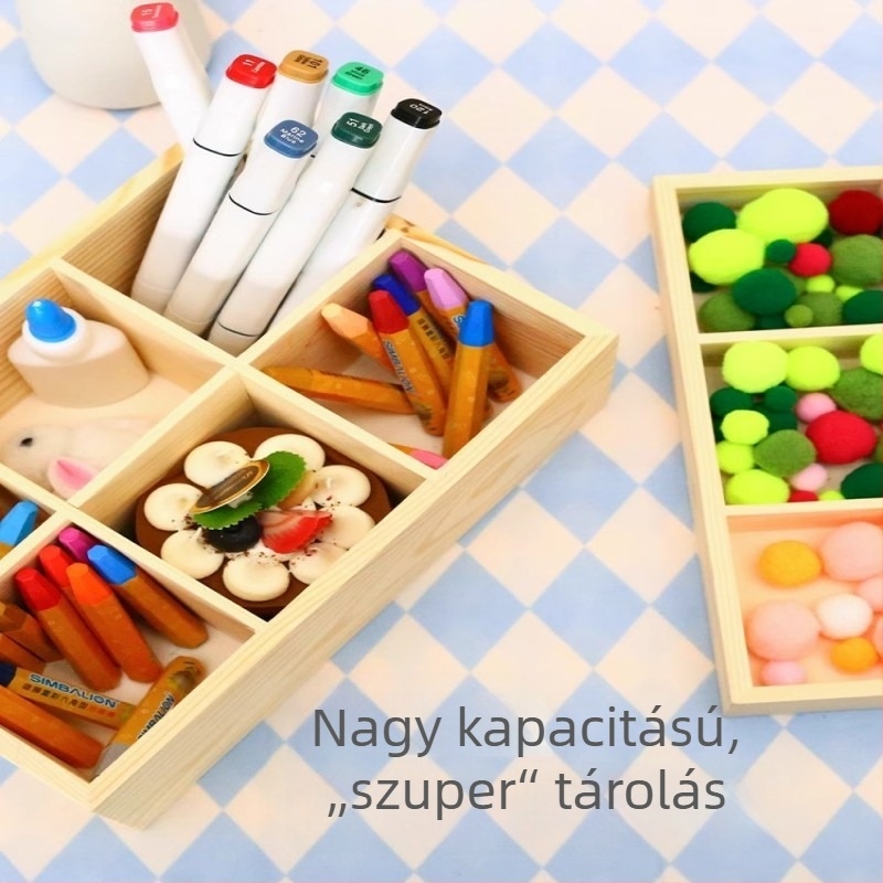 Asztali fa tároló doboz több rekesszel, fenyőfából, kilenccellás rácsos elrendezés, 18 L kapacitás, modern minimalista stílus