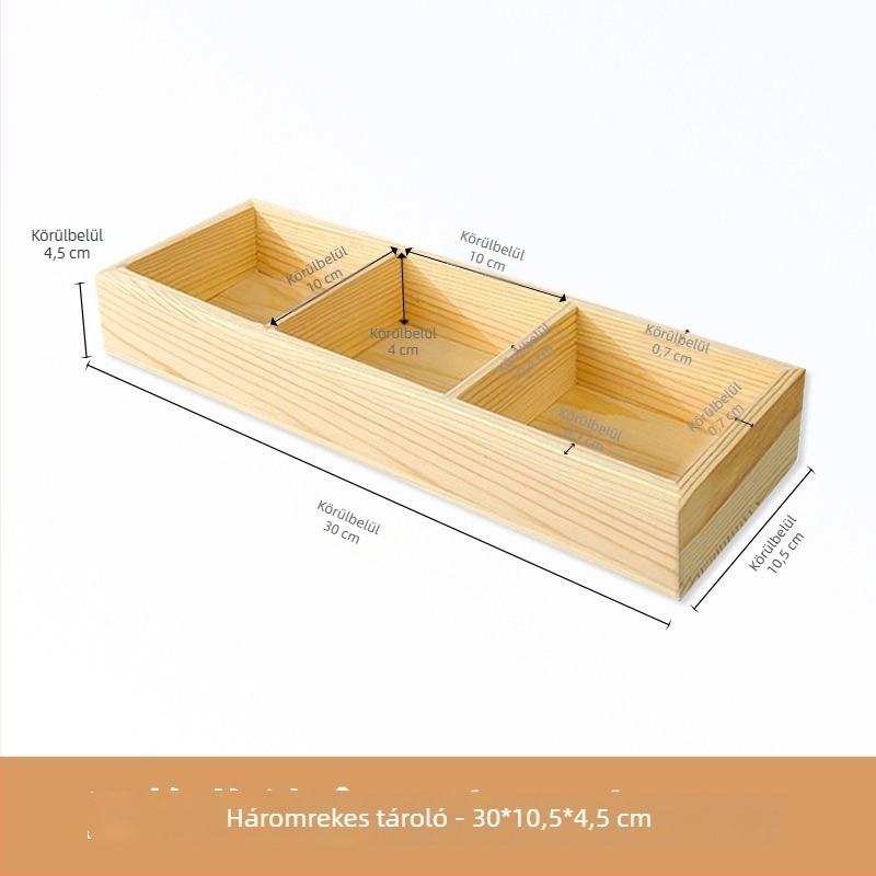 Asztali fa tároló doboz több rekesszel, fenyőfából, kilenccellás rácsos elrendezés, 18 L kapacitás, modern minimalista stílus