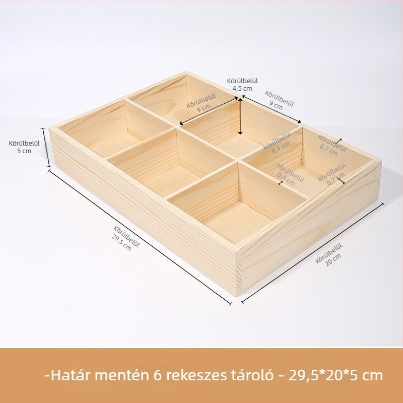 Asztali fa tároló doboz több rekesszel, fenyőfából, kilenccellás rácsos elrendezés, 18 L kapacitás, modern minimalista stílus