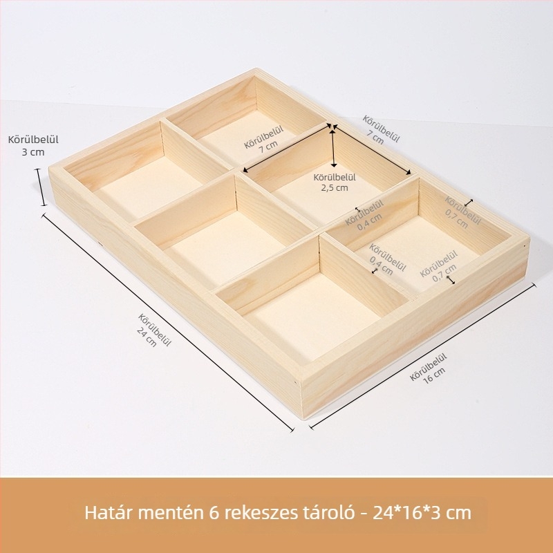 Asztali fa tároló doboz több rekesszel, fenyőfából, kilenccellás rácsos elrendezés, 18 L kapacitás, modern minimalista stílus
