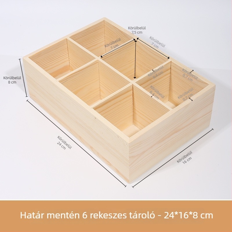 Asztali fa tároló doboz több rekesszel, fenyőfából, kilenccellás rácsos elrendezés, 18 L kapacitás, modern minimalista stílus
