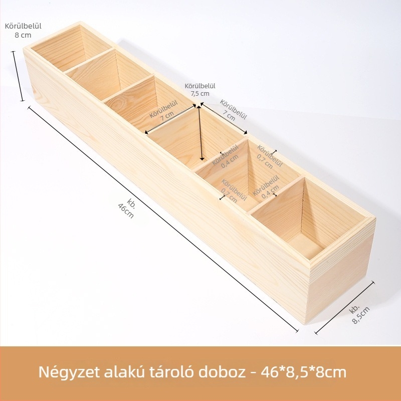 Asztali fa tároló doboz több rekesszel, fenyőfából, kilenccellás rácsos elrendezés, 18 L kapacitás, modern minimalista stílus