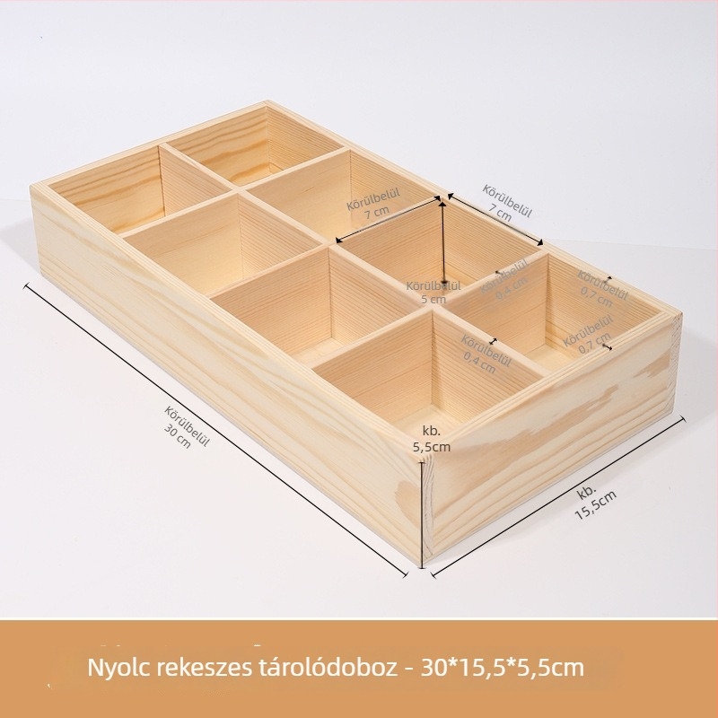 Asztali fa tároló doboz több rekesszel, fenyőfából, kilenccellás rácsos elrendezés, 18 L kapacitás, modern minimalista stílus