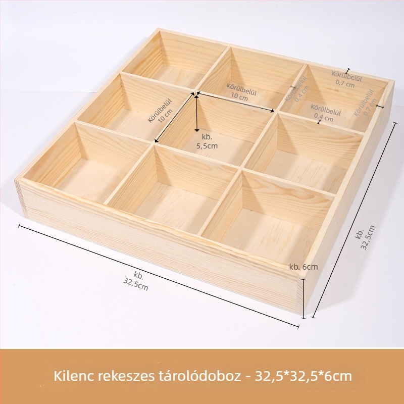 Asztali fa tároló doboz több rekesszel, fenyőfából, kilenccellás rácsos elrendezés, 18 L kapacitás, modern minimalista stílus