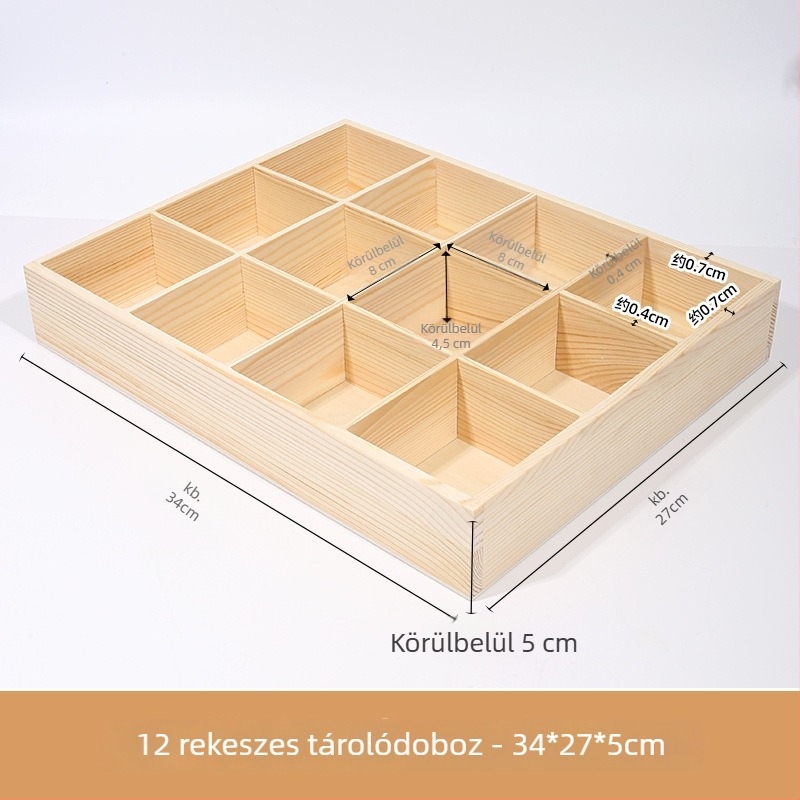 Asztali fa tároló doboz több rekesszel, fenyőfából, kilenccellás rácsos elrendezés, 18 L kapacitás, modern minimalista stílus