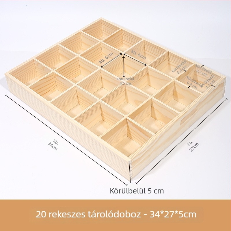Asztali fa tároló doboz több rekesszel, fenyőfából, kilenccellás rácsos elrendezés, 18 L kapacitás, modern minimalista stílus