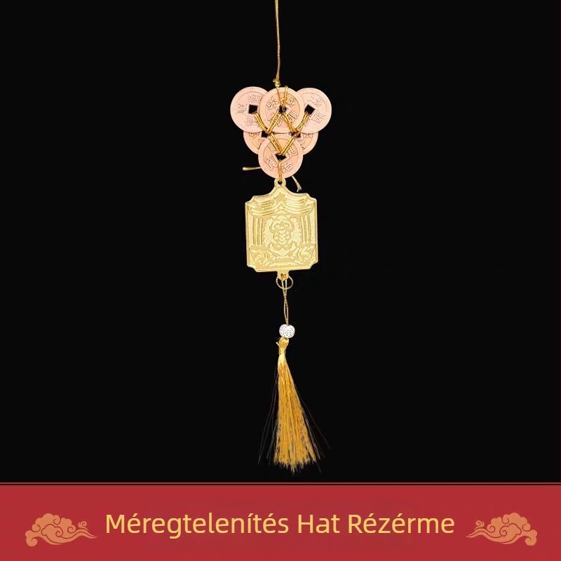 Autóba akasztott dísz kínai stílusú Guanyin és réz érme motívummal; anyag: ötvözet; csomagolás: akril tok egyedi csomagolásban; kategória: kártya