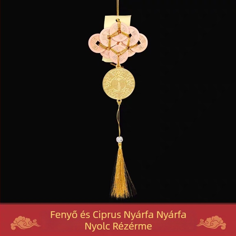 Autóba akasztott dísz kínai stílusú Guanyin és réz érme motívummal; anyag: ötvözet; csomagolás: akril tok egyedi csomagolásban; kategória: kártya