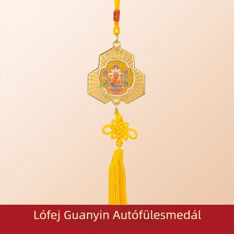Autóba akasztott dísz kínai stílusú Guanyin és réz érme motívummal; anyag: ötvözet; csomagolás: akril tok egyedi csomagolásban; kategória: kártya