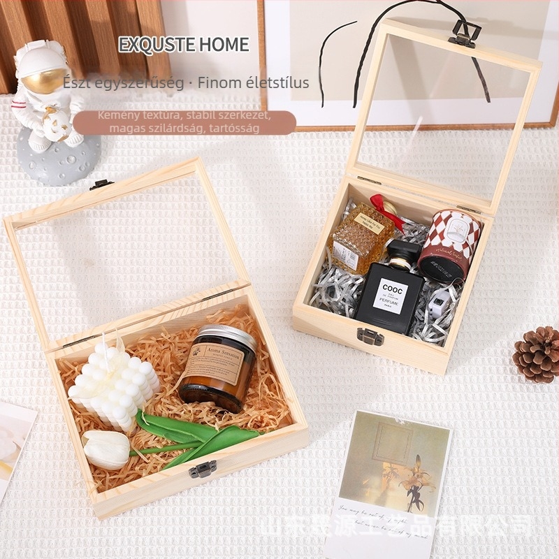 Fából készült ajándék doboz ékszerek és megőrzött virágok számára, logó nyomtatva, hamisítás elleni jelölés, modell 3-10