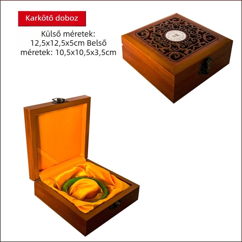 Gravírozott faanyagú ékszerdoboz sárga selyem belsővel, ideális karkötők, buddhista gyöngyök és nyakláncok számára; modell 99, univerzális csomagolás, logónyomás elérhető