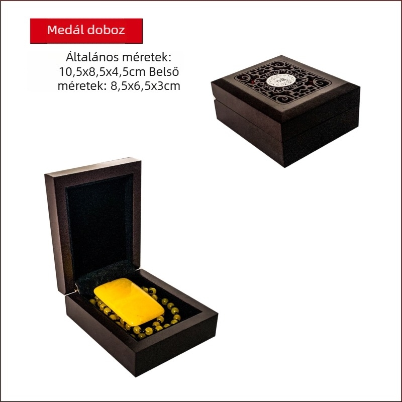 Gravírozott faanyagú ékszerdoboz sárga selyem belsővel, ideális karkötők, buddhista gyöngyök és nyakláncok számára; modell 99, univerzális csomagolás, logónyomás elérhető