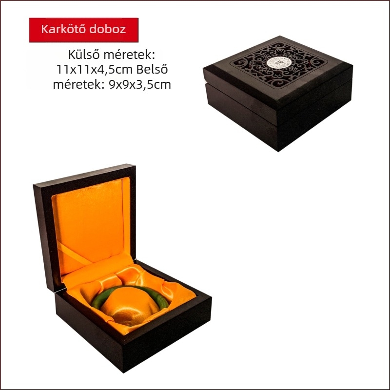 Gravírozott faanyagú ékszerdoboz sárga selyem belsővel, ideális karkötők, buddhista gyöngyök és nyakláncok számára; modell 99, univerzális csomagolás, logónyomás elérhető