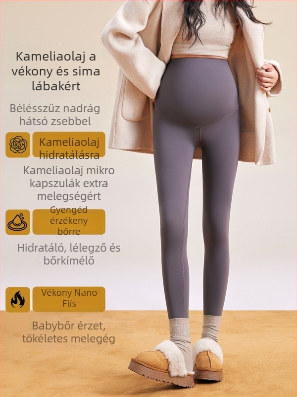 Kismama jóga nadrág, magas derekú, hastámasztó, fleece belső, szoros fazon, téli viselet, nylon anyagból