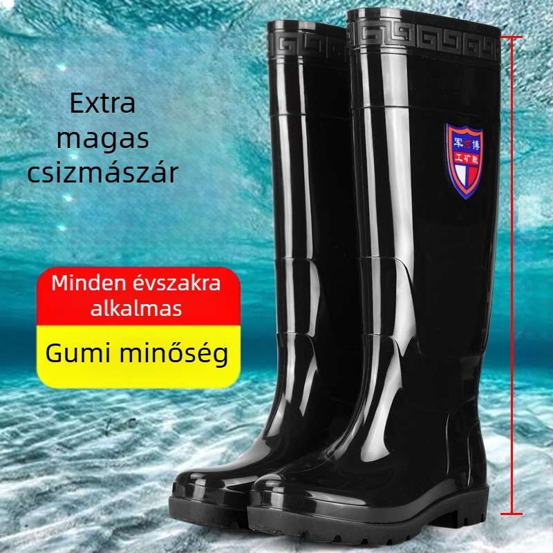 Férfi térd fölötti esőcsizma, PVC felső rész, gumírozott talp, belső műszőrme bélés, csúszásgátló és kopásálló