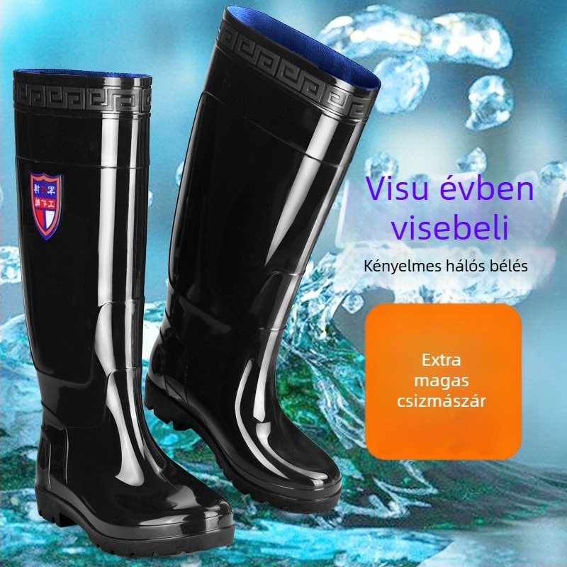 Férfi térd fölötti esőcsizma, PVC felső rész, gumírozott talp, belső műszőrme bélés, csúszásgátló és kopásálló