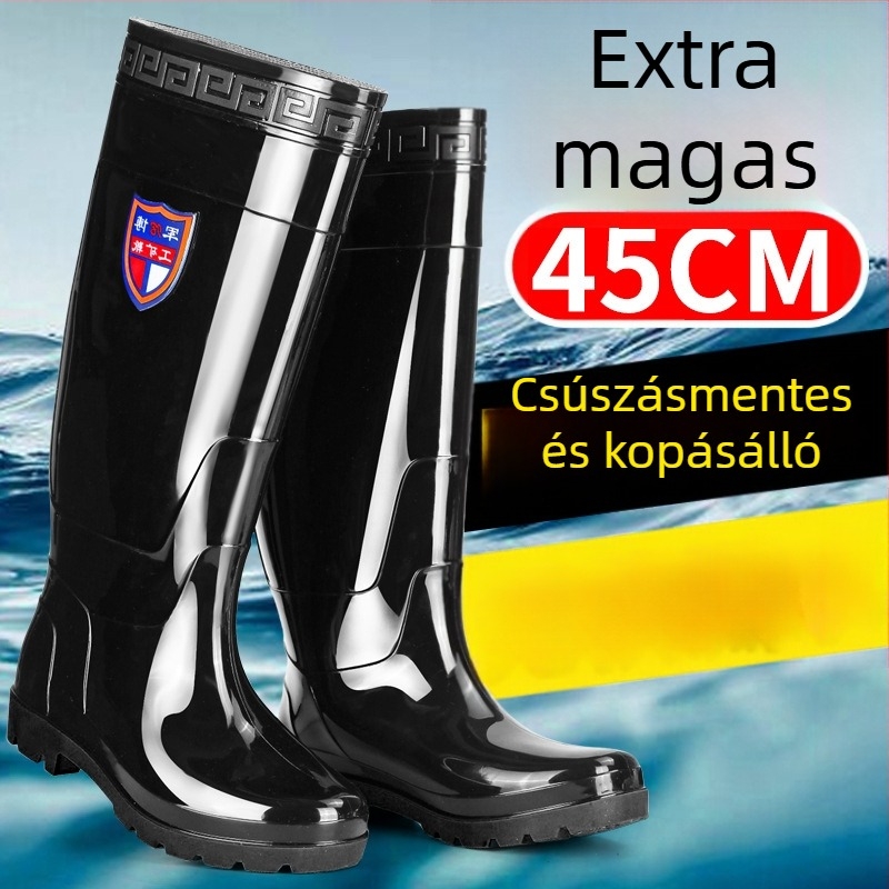 Férfi térd fölötti esőcsizma, PVC felső rész, gumírozott talp, belső műszőrme bélés, csúszásgátló és kopásálló