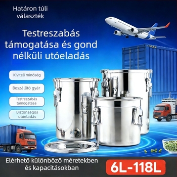304 rozsdamentes acél gabonatároló edény, zárt, nedvességálló és rovarriasztó, megerősített, nagy kapacitású (>10 L)